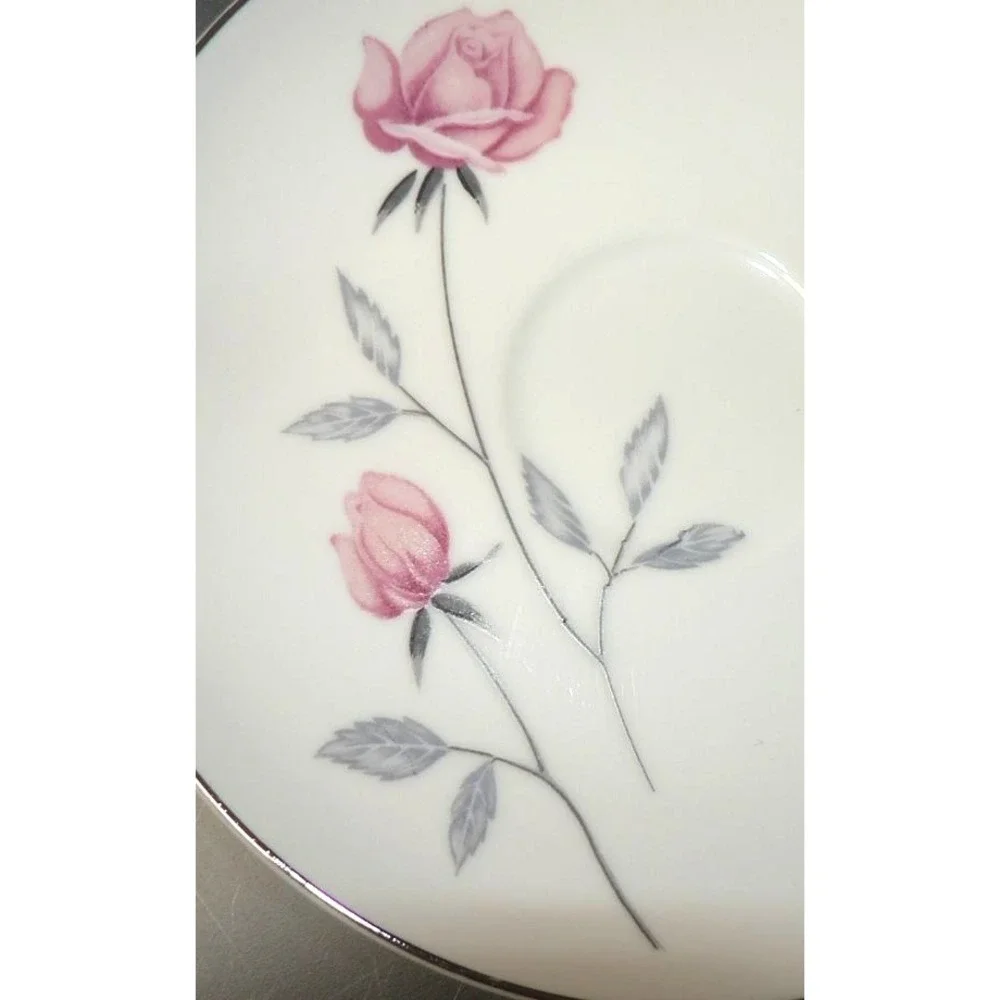 Belair by Nasco Japan 6.5 Bread & Butter Plate Pink Rose Gray Leaves Silver Trim